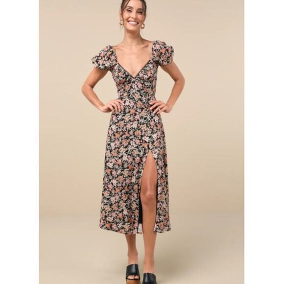 Lulus Women's Meadow Muse Floral Tie-Back Puff Sleeve Midi Dress Size XXL Multi - Picture 1 of 11